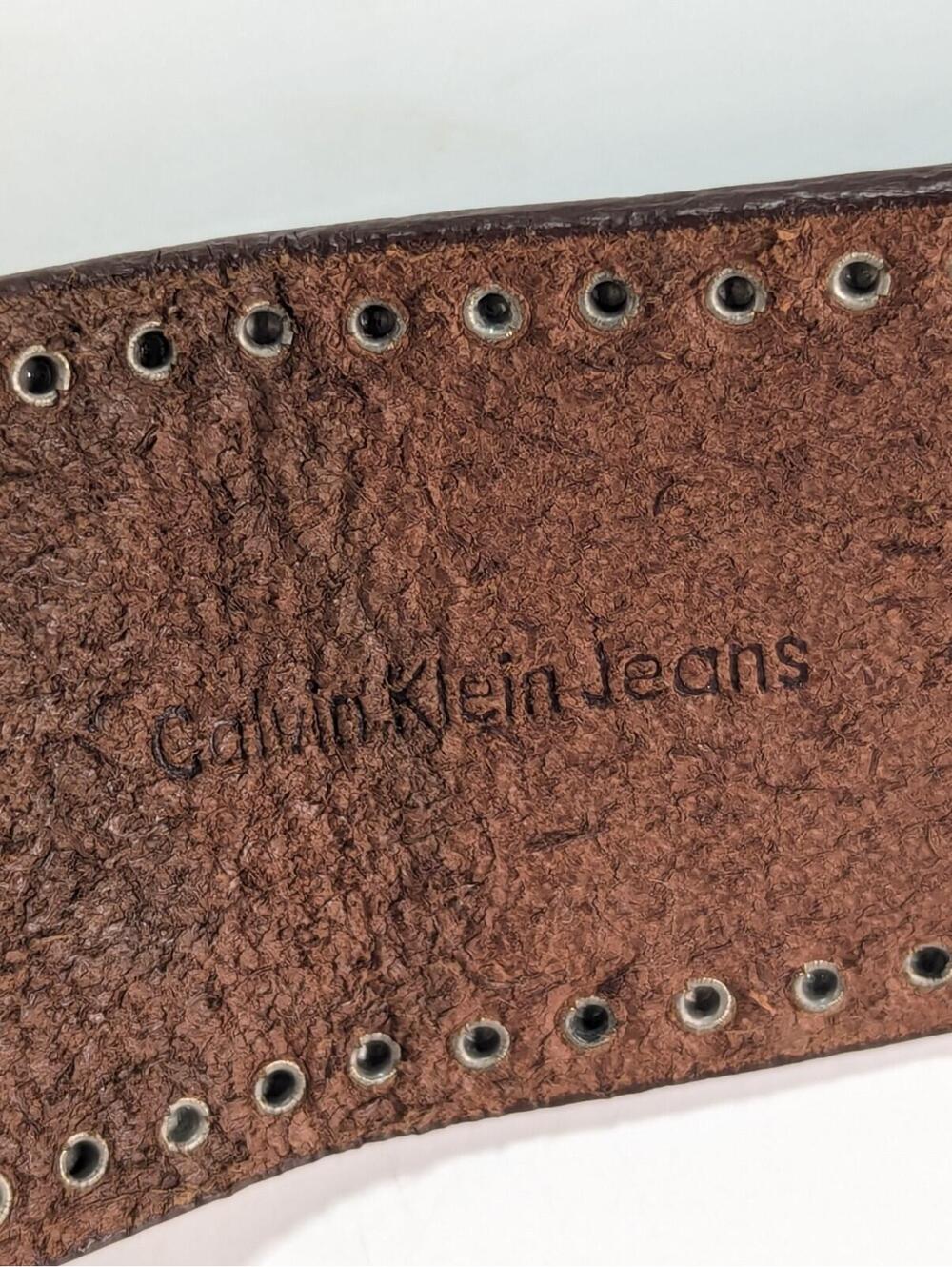 Women's Calvin Klein Jeans Leather Belt Medium 38" Brown Studded Matte Silver - Picture 7 of 11